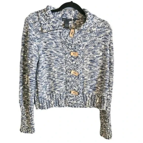 Nomadic Traders Y2K Knit Sweater M Blue Navy White Chunky Wood Buttons - Picture 3 of 10